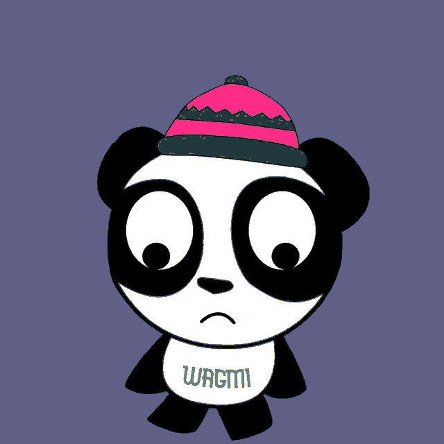 a cartoon panda bear wearing a red hat with a blue and green stripe
