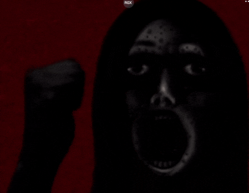 a black and white image of a woman with a red background and the word rex on the bottom right