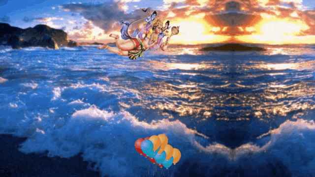 a painting of a person flying over a body of water with a sunset in the background