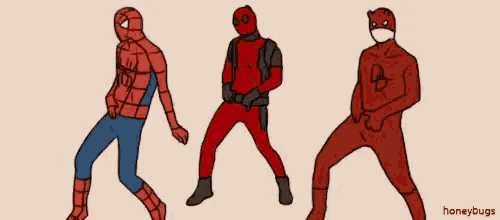 a cartoon of spider man deadpool and daredevil dancing together