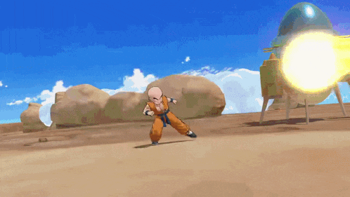 a cartoon character is standing in the desert with a rocket behind him