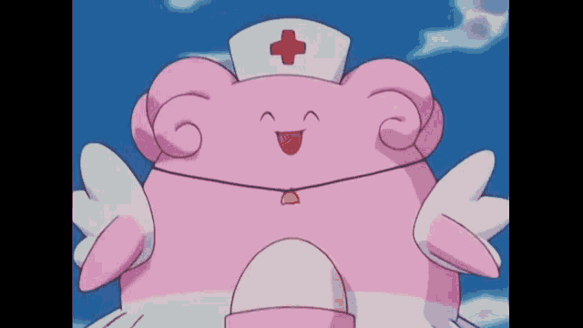 a pink nurse with wings and a red cross on her hat is smiling