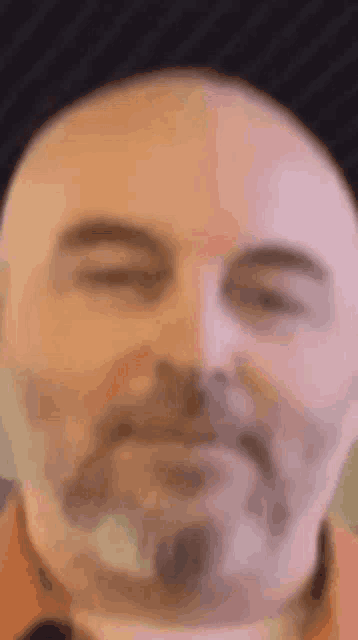 a bald man with a beard is looking at the camera with his eyes closed .
