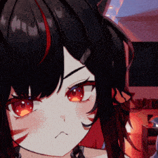 a close up of a girl with red eyes