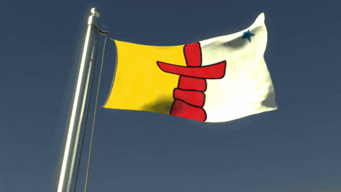 a yellow white and red flag with a blue star on the bottom