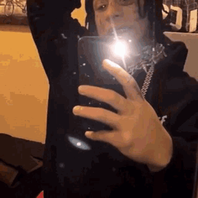 a person is taking a selfie with a cell phone in their hand .