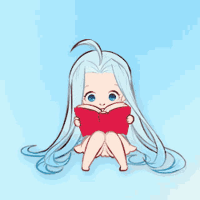 a little girl with blue hair is reading a book