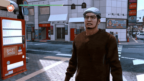 a man standing in front of a lucky soda machine