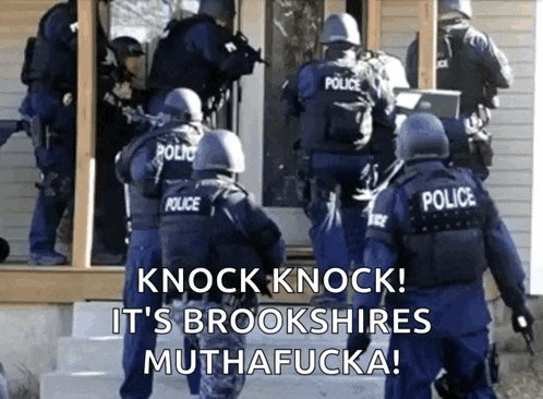 a group of police officers are standing in front of a building