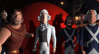 a group of cartoon characters are standing next to each other and one of them has the letter j on his hat