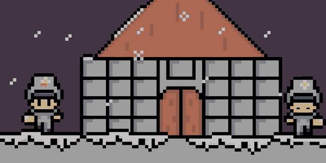 a pixel art of two police officers standing in front of a house
