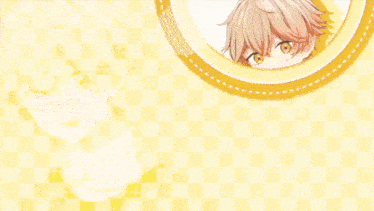 a couple of anime characters are standing next to each other on a yellow checkered background