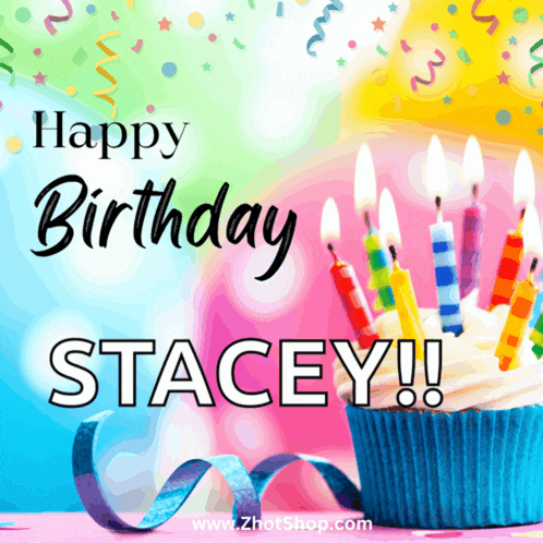 a birthday card for stacey with a cupcake with candles
