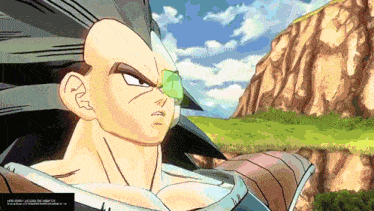 a screenshot of a video game shows a man with a green eye and a mountain in the background