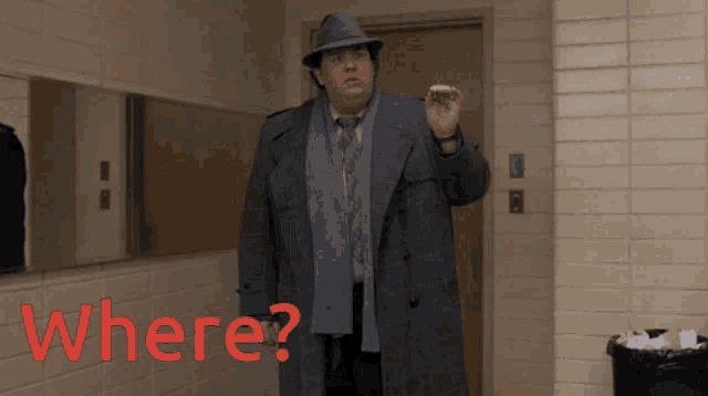 a man in a trench coat and hat is standing in front of a door with the word where in red