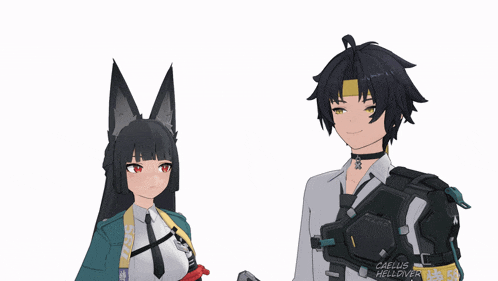 a man and a woman are standing next to each other and the man is wearing a vest that says caells helldiver