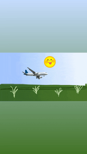 an airplane is flying over a grassy field with a smiley face in the background