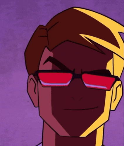a close up of a cartoon character with red glasses