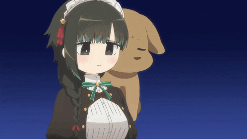 a girl in a maid costume is standing next to a brown dog