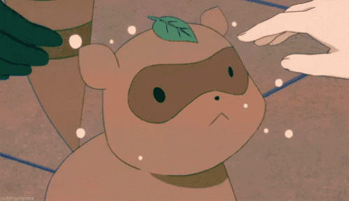 a cartoon character with a leaf on its head is being held by a person