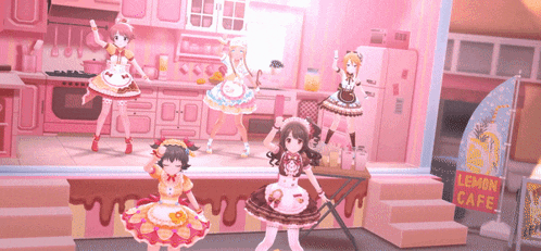 a group of anime girls are standing in front of a sign that says lemon cafe