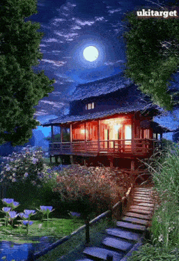 a picture of a house with a full moon behind it