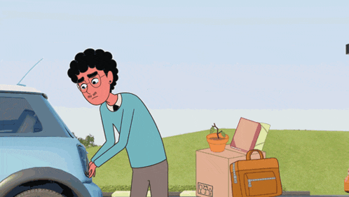 a cartoon of a man carrying a briefcase and a box with the word pet on it