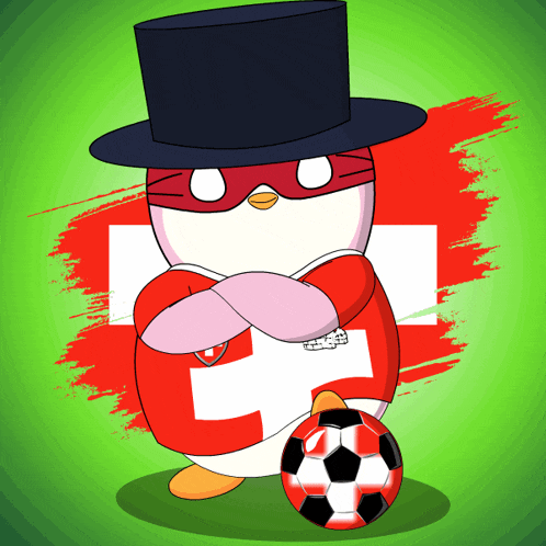a cartoon of a penguin wearing a top hat and mask with a swiss flag in the background