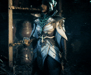 a woman in a video game is wearing a headset and a sword