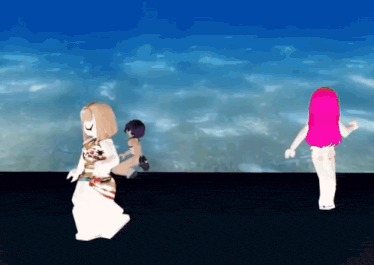 a girl with pink hair is standing next to a girl in a white dress