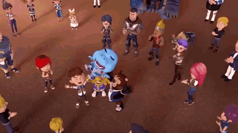 a group of cartoon characters are gathered in a circle
