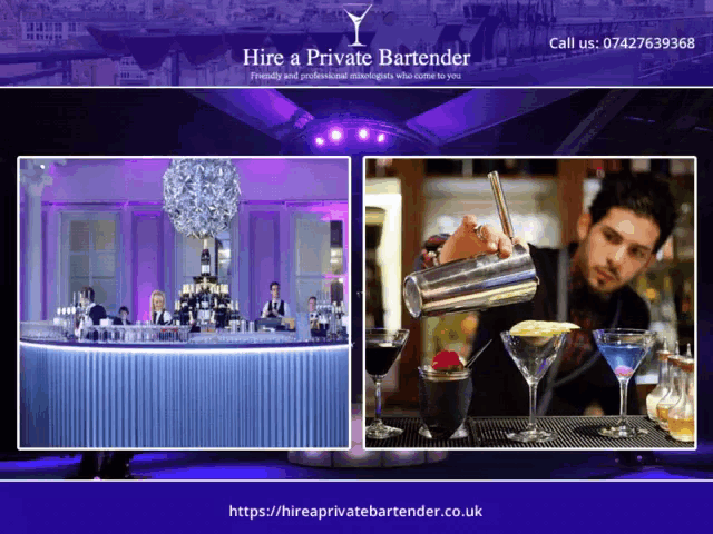 an ad for hire a private bartender shows a man pouring a drink