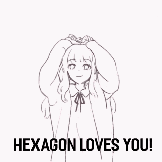 a drawing of a girl with the words hexagon loves you below it