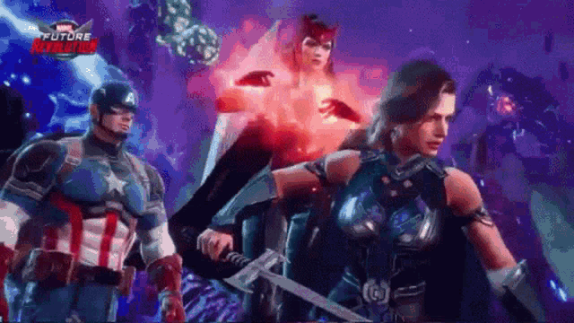 captain america , scarlet witch , and rogue are fighting in a video game .