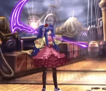 a girl in a red dress is standing in front of a purple crescent moon