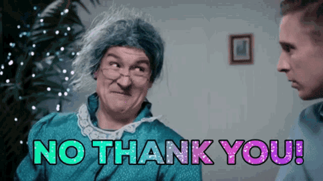 a man in a wig says no thank you to a woman in a blue dress
