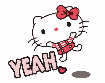 hello kitty is wearing a red bow and red overalls and says `` yeah '' .
