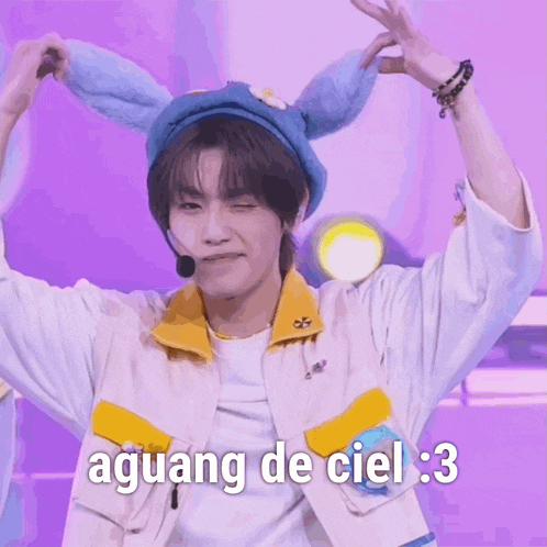 a man wearing bunny ears and a microphone says " aguang de ciel "