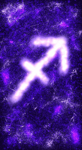 the sagittarius sign is glowing in the dark on a purple background