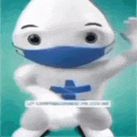 a cartoon character wearing a blue mask is waving .