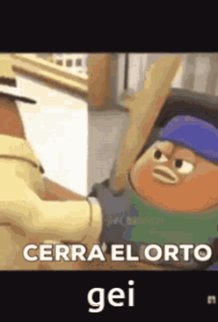 a cartoon character is holding a baseball bat and says `` cerra el orto , gei '' .