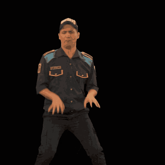 a man in a security uniform is dancing with a hat that says ' burglar ' on it