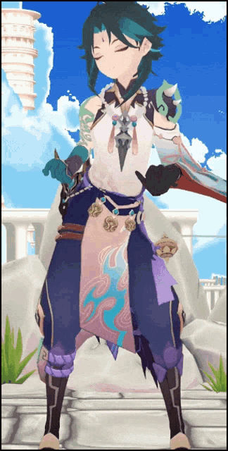 a cartoon character is standing in front of a blue sky