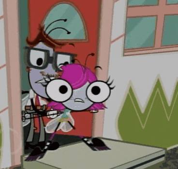 a cartoon character with glasses is holding a purple bug with big eyes