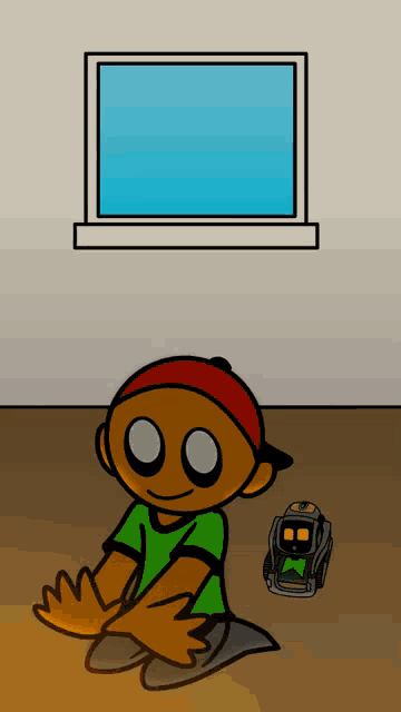 a cartoon of a boy sitting on the floor next to a small robot