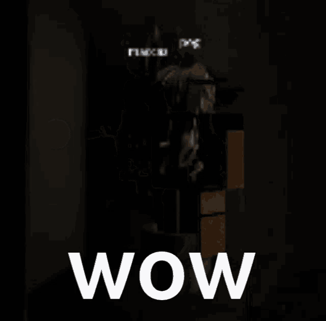 a cartoon character is standing in a dark room and the word wow is on the screen