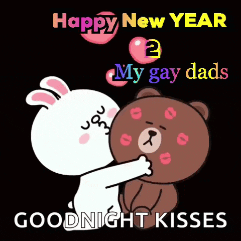 a cartoon of a bunny kissing a bear with the words happy new year 2 my gay dads goodnight kisses