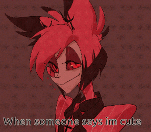 a cartoon character with red eyes and the words " when someone says im cute " on the bottom