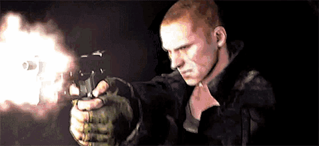 a man is pointing a gun at the camera with smoke coming out of the barrel