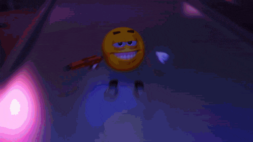 a cartoon character with a smiley face is holding a pink object